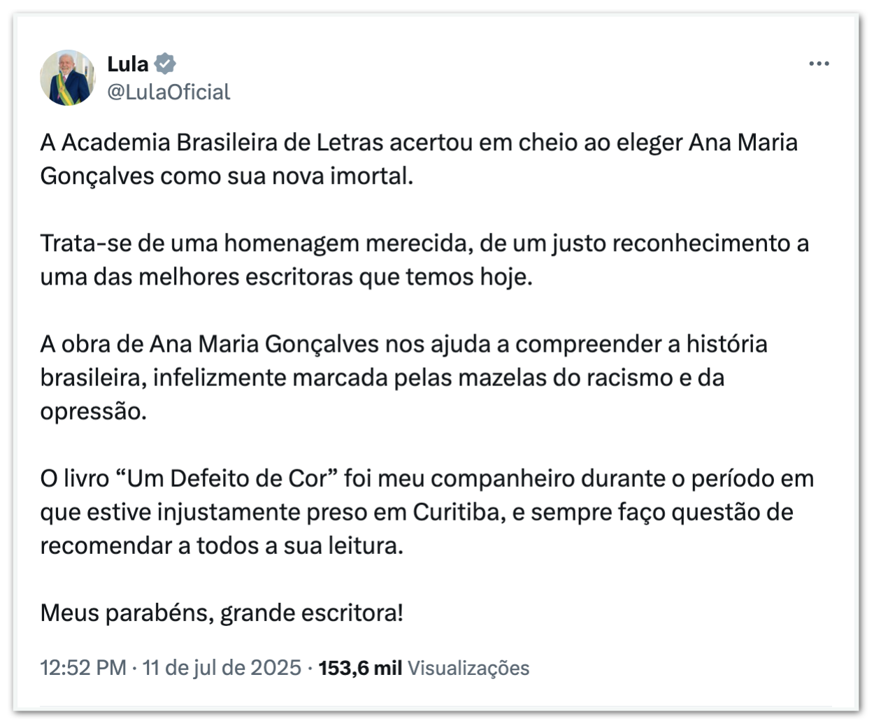 Lula elogia eleição de Ana Maria Gonçalves para a ABL