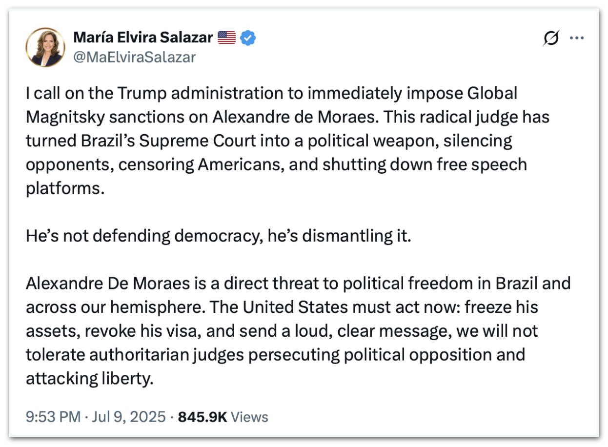 Deputada dos EUA pede que Trump puna Moraes com Lei Magnitsky