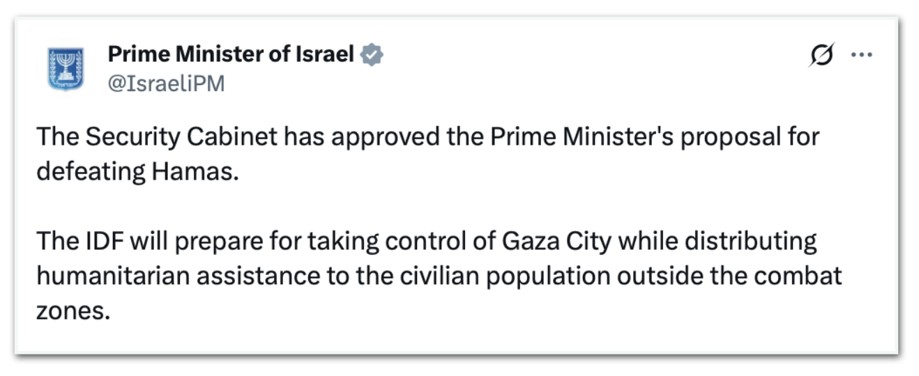 Gabinete de Segurança de Israel aprova tomada de Gaza