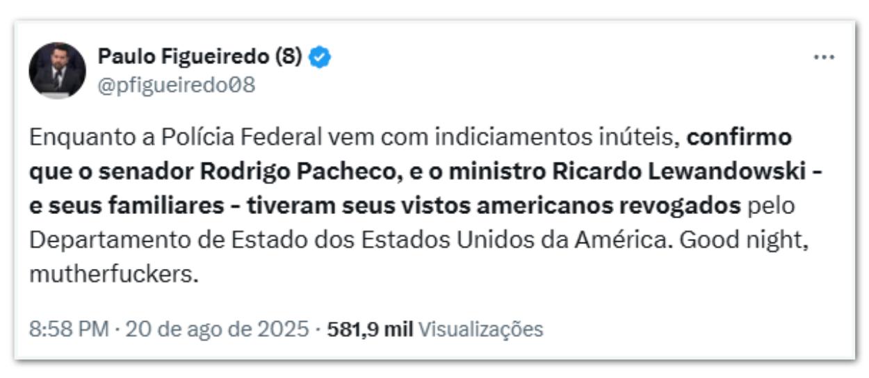 EUA cancelaram vistos de Lewandowski e Pacheco, diz Paulo Figueiredo