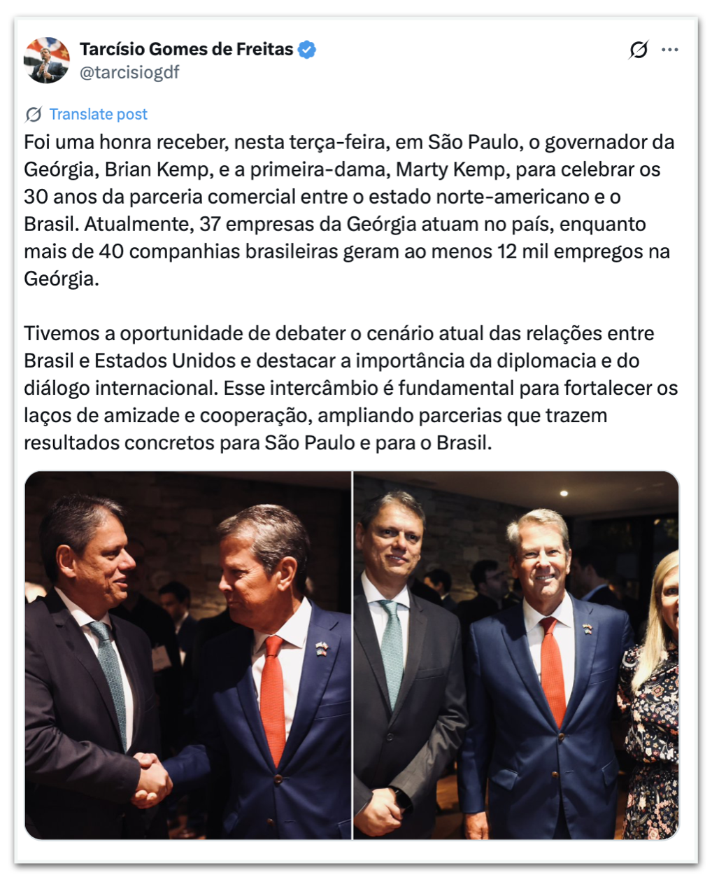 Tarcísio se encontra com o governador da Geórgia