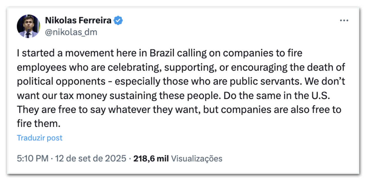 Políticos brasileiros pedem punição para quem celebrou morte de Charlie Kirk