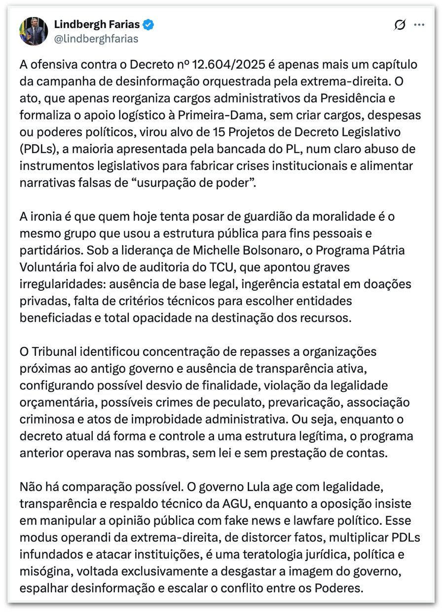 PT aciona PGR contra Michelle após críticas a Janja