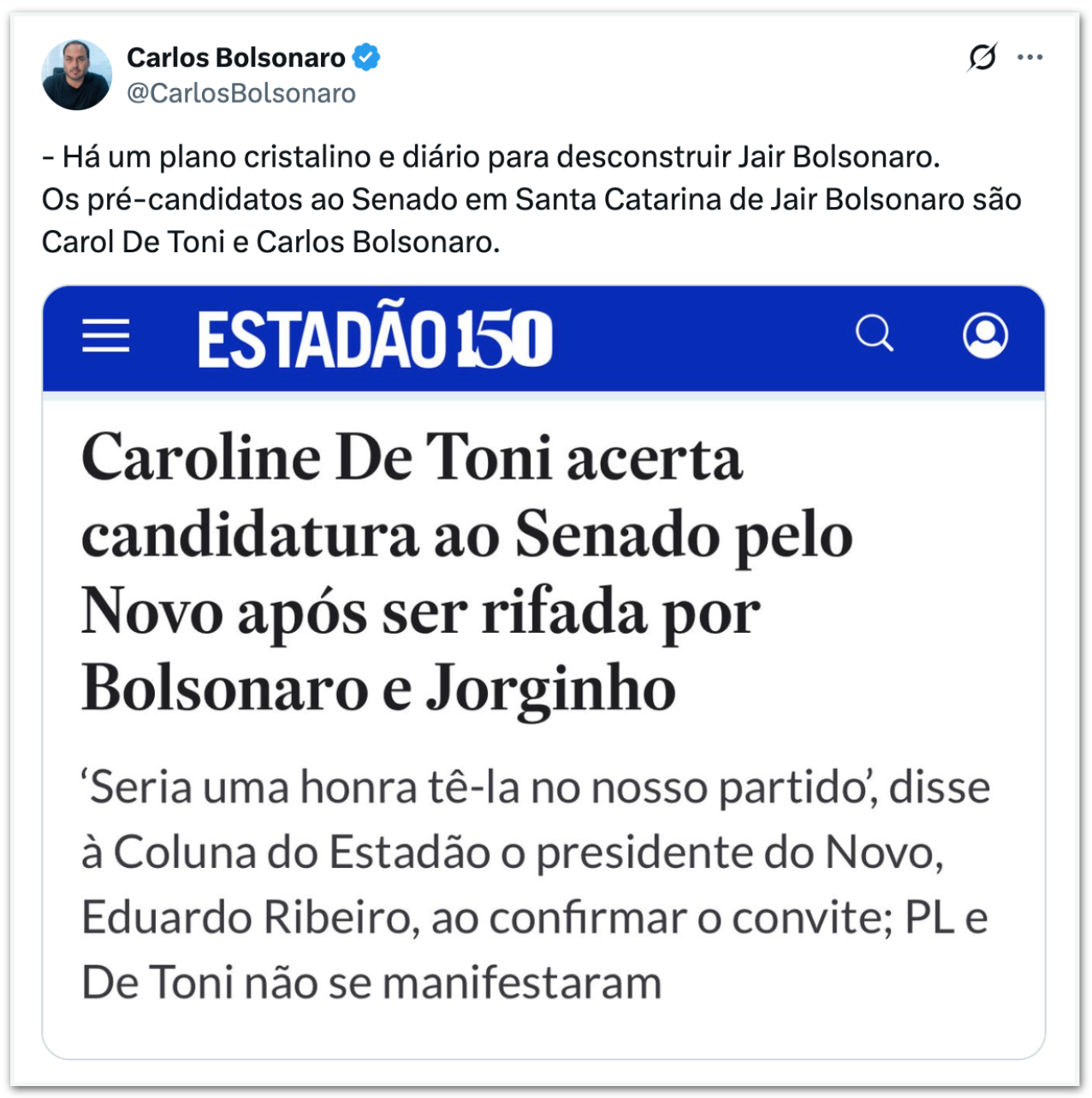 Carlos Bolsonaro confirma pré-candidatura ao Senado por SC