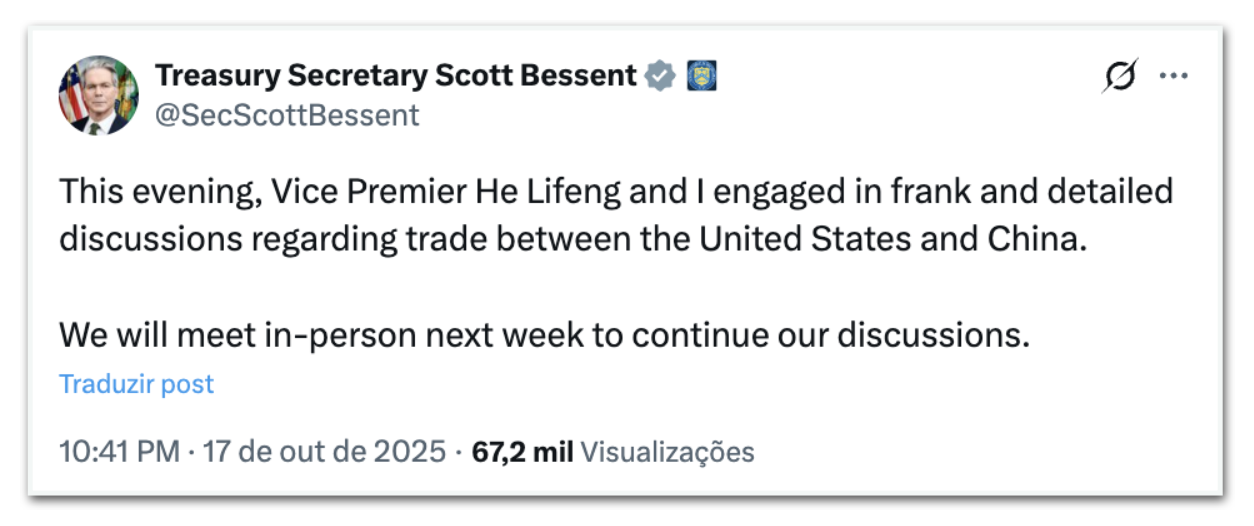 Bessent discute tarifas com a China e anuncia encontro