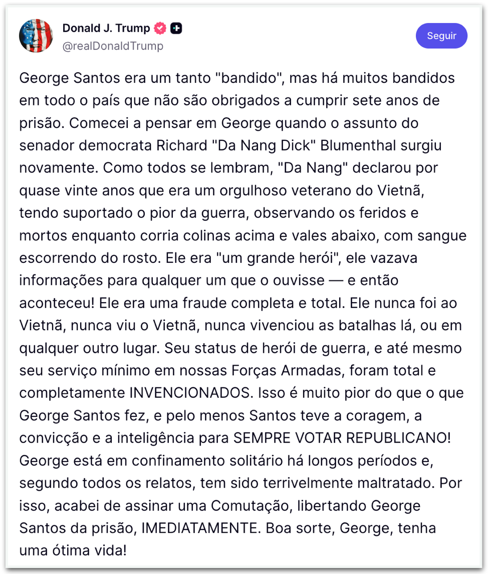 Trump manda soltar ex-deputado George Santos