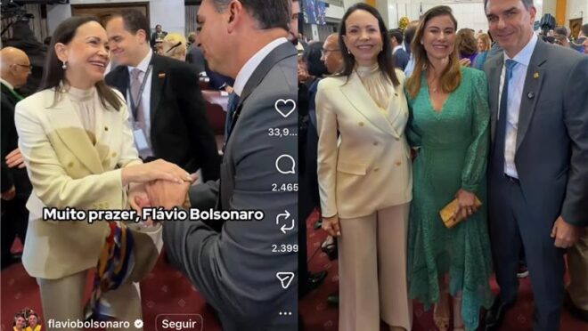 Direita unida: Flávio Bolsonaro sela aliança com Maria Corína Machado no Chile