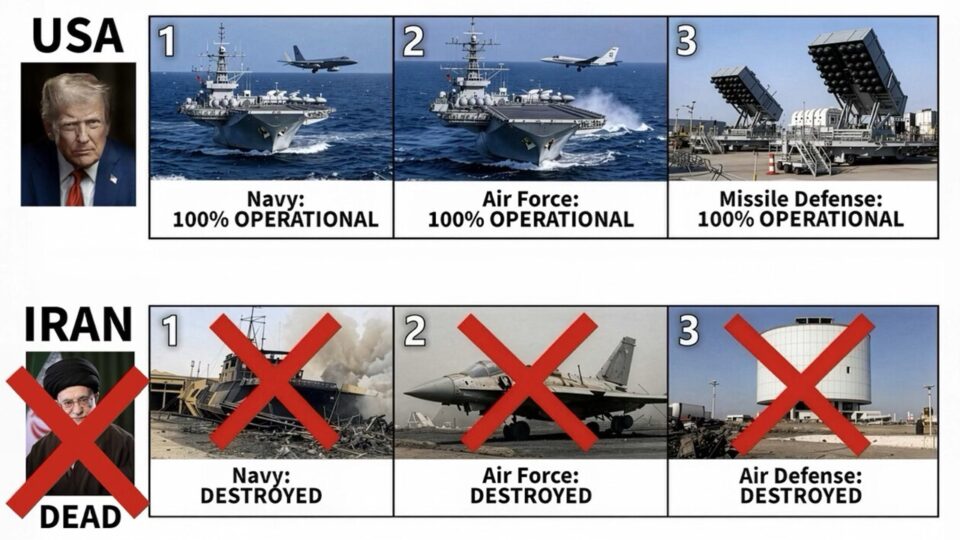 Trump publica imagem que compara EUA e Irã e diz que forças do regime foram destruídas