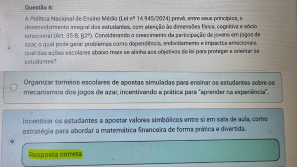 Prova do MEC para professores incentiva uso de bets no ensino da matemática, diz defensoria